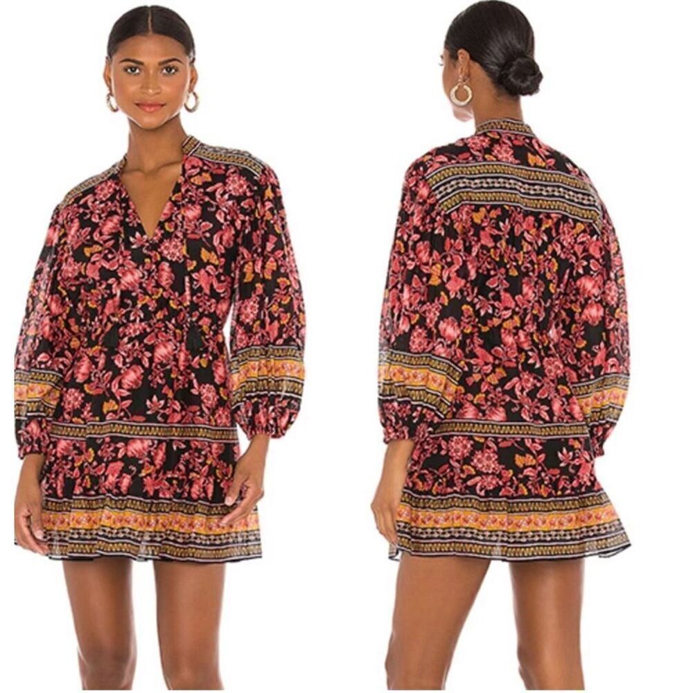 Alice + Olivia Multicolored Floral Mandarin Long Sleeve V-neck Mini Dress Size 6